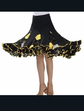 Exquisite Flamenco Boho Chic Tiered Tulle Skirt - Yellow 3D Roses & Gold Sequins